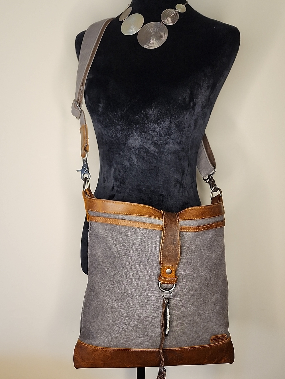 Acacia Gray Canvas Distressed Brown Leather Crossbody Messenger Shoulder Bag